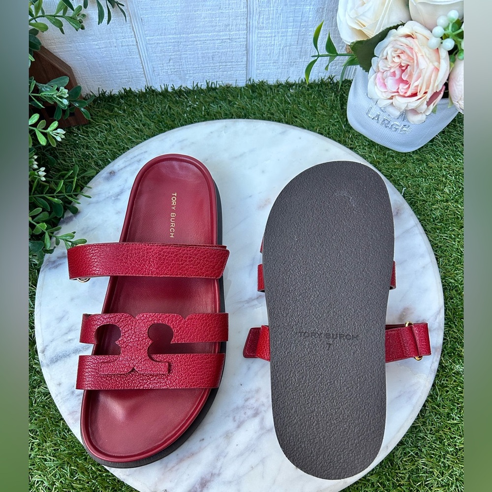 Tory Burch InesRed Leather Double-Strap Logo Slide Sandals - Picture 16 of 16